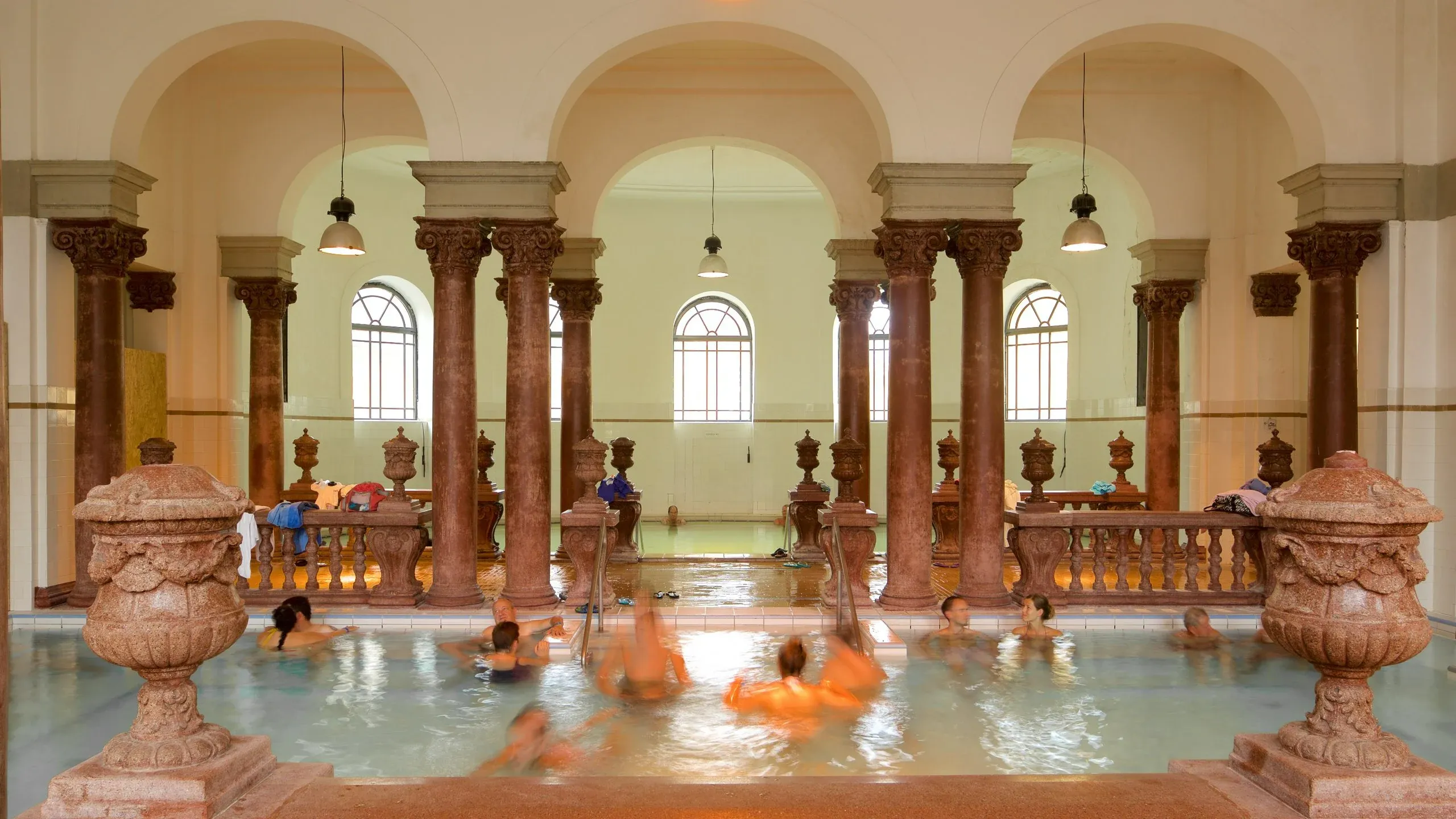 Interior pool with ornate vaulted ceiling at Széchenyi Baths