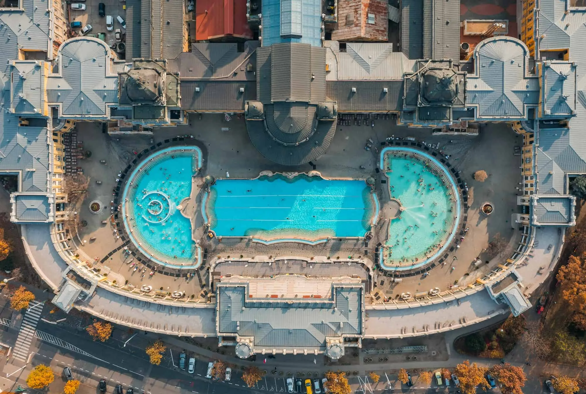 Aerial view highlighting private pool section of Széchenyi Baths